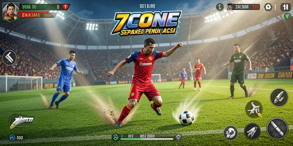 Screenshot gameplay 7CONE yang menampilkan aksi sepak bola seru.