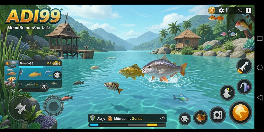 Screenshot gameplay menampilkan aksi memancing seru di ADI99.