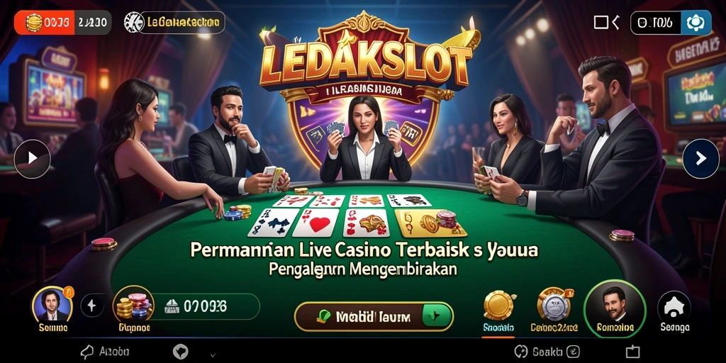 Tampilan gameplay LEDAKSLOT dengan dealer langsung dan suasana kasino yang mendebarkan.