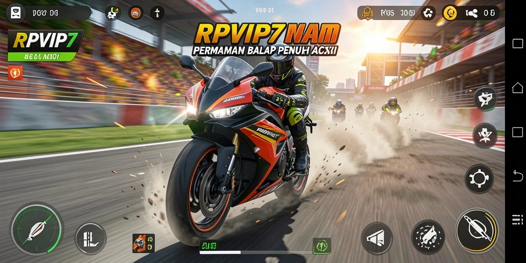Tangkapan layar gameplay RPVIP7 menunjukkan balapan motor yang intens.