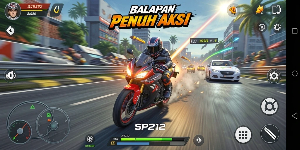 Tampilan aksi balapan motor yang mendebarkan dalam SP212.